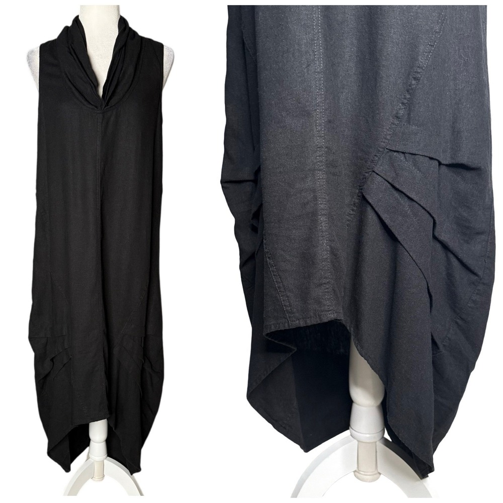 Cynthia Rowley M Linen Blend Cowl Neck Asymmetrical Midi Cocoon Dress Black